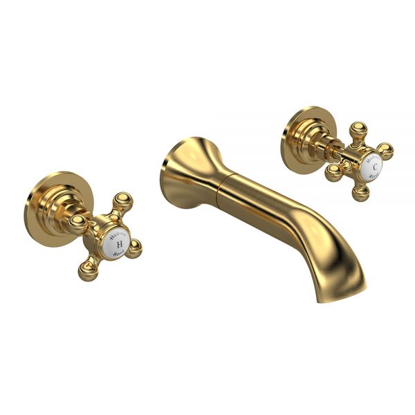 Hudson Reed Topaz Crosshead Brushed Brass 3 Hole Wall Mounted Basin Mixer Tap