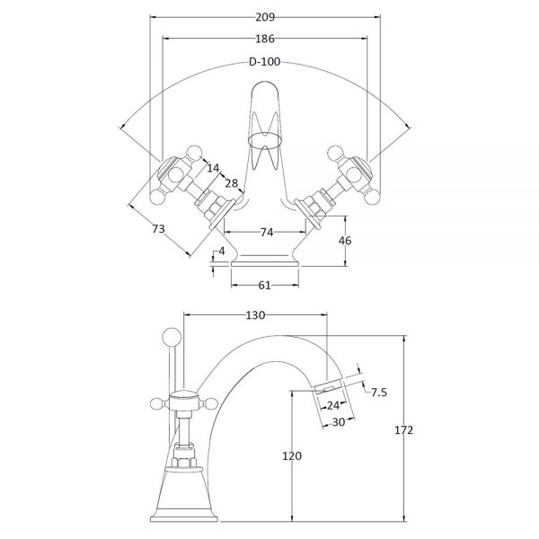 Hudson Reed Topaz Crosshead Chrome Mono Basin Mixer Tap with Pop Up Waste inc Hexagonal Collars and White Indices #3