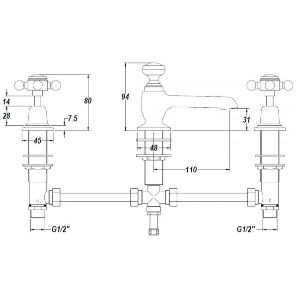 Hudson Reed Topaz Crosshead Chrome Deck Mounted 3 Hole Basin Mixer Tap with Pop Up Waste inc Dome Collars and White Indices #2