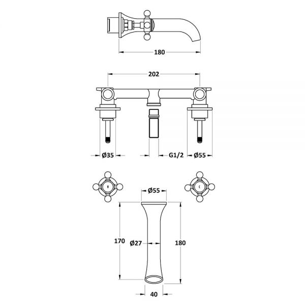 Hudson Reed Topaz Crosshead Chrome 3 Hole Wall Mounted Basin Mixer Tap inc Hexagonal Collars and White Indices #2