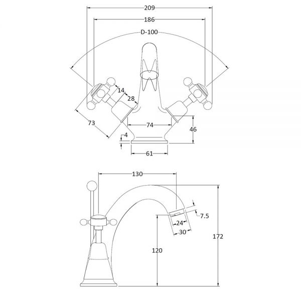 Hudson Reed Topaz Crosshead Chrome Mono Basin Mixer Tap with Pop Up Waste inc Dome Collars and Black Indices #2