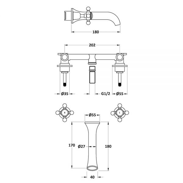 Hudson Reed Topaz Crosshead Chrome 3 Hole Wall Mounted Basin Mixer Tap inc Dome Collars and Black Indices #2