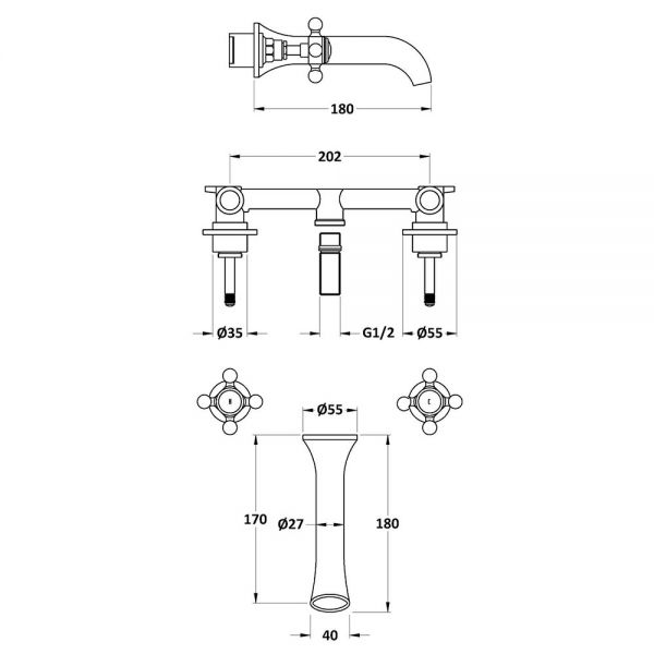 Hudson Reed Topaz Crosshead Chrome 3 Hole Wall Mounted Basin Mixer Tap inc Hexagonal Collars and Black Indices #2