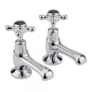 Hudson Reed Topaz Crosshead Chrome Basin Pillar Taps inc Dome Collars and Black Indices