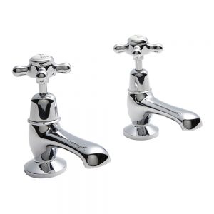Hudson Reed Topaz Crosshead Chrome Basin Pillar Taps inc Dome Collars and White Indices