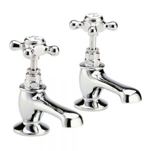 Hudson Reed Topaz Crosshead Chrome Basin Pillar Taps inc Hexagonal Collars and White Indices