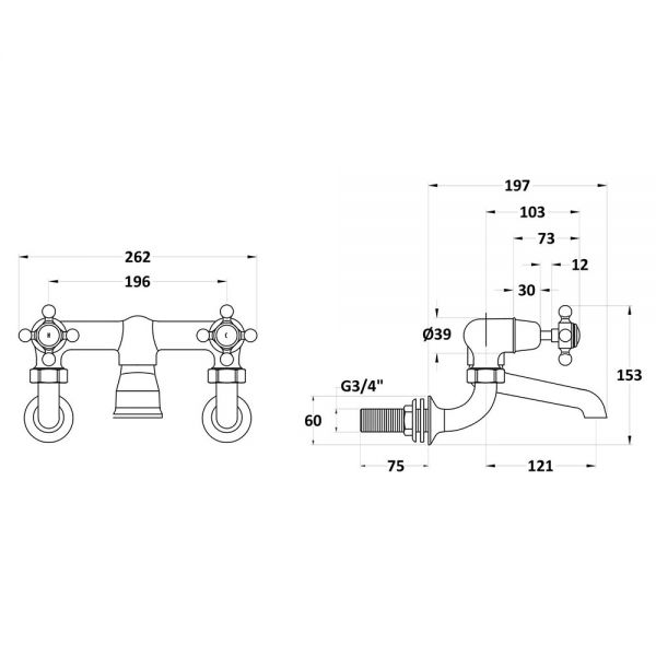 Hudson Reed Topaz Crosshead Chrome Wall Mounted Bath Filler Tap inc Dome Collars and White Indices #2