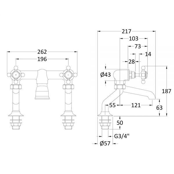 Hudson Reed Topaz Crosshead Chrome Bath Filler Tap inc Hexagonal Collars and Black Indices #2