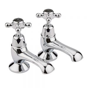 Hudson Reed Topaz Crosshead Chrome Bath Pillar Taps inc Dome Collars and Black Indices