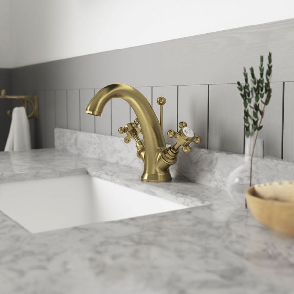 Hudson Reed Topaz Crosshead Chrome Mono Basin Mixer Tap with Pop Up Waste inc Hexagonal Collars and White Indices #2