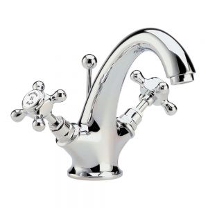 Hudson Reed Topaz Crosshead Chrome Mono Basin Mixer Tap with Pop Up Waste inc Hexagonal Collars and White Indices