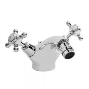 Hudson Reed Topaz Crosshead Chrome Mono Bidet Mixer Tap with Pop Up Waste inc Dome Collars and White Indices