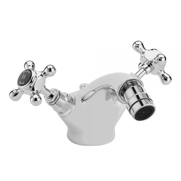 Hudson Reed Topaz Crosshead Chrome Mono Bidet Mixer Tap with Pop Up Waste inc Hexagonal Collars and Black Indices
