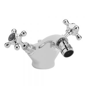 Hudson Reed Topaz Crosshead Chrome Mono Bidet Mixer Tap with Pop Up Waste inc Hexagonal Collars and Black Indices