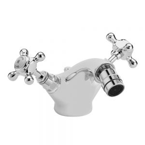 Hudson Reed Topaz Crosshead Chrome Mono Bidet Mixer Tap with Pop Up Waste inc Hexagonal Collars and White Indices