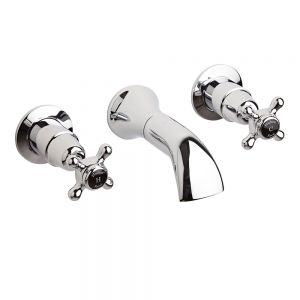 Hudson Reed Topaz Crosshead Chrome Wall Mounted 3 Hole Wall Mounted Basin Mixer Tap inc Dome Collars and Black Indices