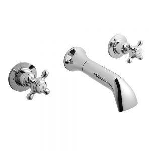 Hudson Reed Topaz Crosshead Chrome Wall Mounted 3 Hole Wall Mounted Basin Mixer Tap inc Dome Collars and White Indices