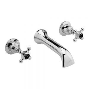Hudson Reed Topaz Crosshead Chrome Wall Mounted 3 Hole Wall Mounted Basin Mixer Tap inc Hexagonal Collars and Black Indices