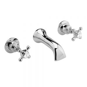 Hudson Reed Topaz Crosshead Chrome Wall Mounted 3 Hole Wall Mounted Basin Mixer Tap inc Hexagonal Collars and White Indices