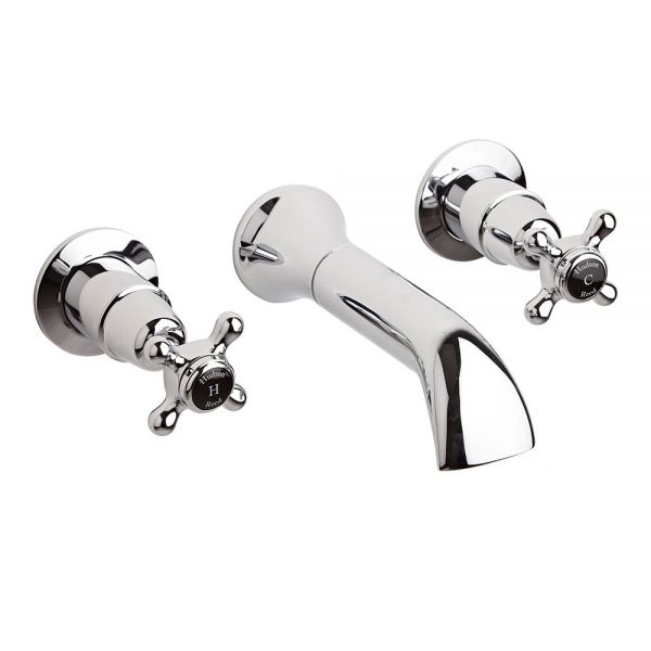 Hudson Reed Topaz Crosshead Chrome 3 Hole Wall Mounted Bath Filler Tap inc Dome Collars and Black Indices
