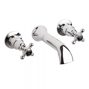 Hudson Reed Topaz Crosshead Chrome Wall Mounted 3 Hole Wall Mounted Bath Filler Tap inc Dome Collars and Black Indices