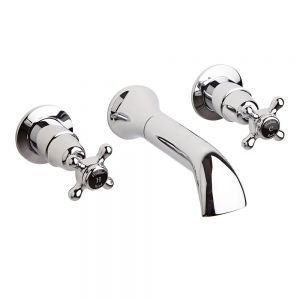 Hudson Reed Topaz Crosshead Chrome 3 Hole Wall Mounted Bath Filler Tap inc Dome Collars and Black Indices
