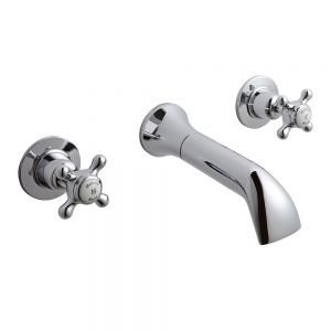 Hudson Reed Topaz Crosshead Chrome Wall Mounted 3 Hole Wall Mounted Bath Filler Tap inc Dome Collars and White Indices