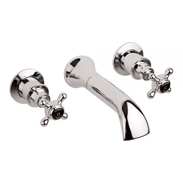 Hudson Reed Topaz Crosshead Chrome 3 Hole Wall Mounted Bath Filler Tap inc Hexagonal Collars and Black Indices