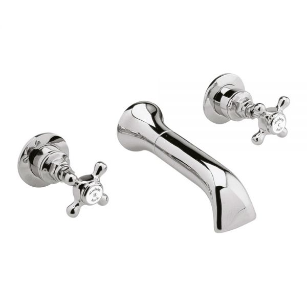 Hudson Reed Topaz Crosshead Chrome 3 Hole Wall Mounted Bath Filler Tap inc Hexagonal Collars and White Indices