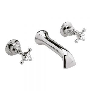Hudson Reed Topaz Crosshead Chrome Wall Mounted 3 Hole Wall Mounted Bath Filler Tap inc Hexagonal Collars and White Indices