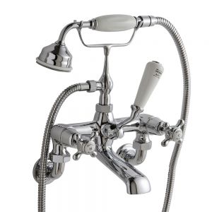 Hudson Reed Topaz Crosshead Chrome Wall Mounted Bath Shower Mixer Tap inc Dome Collars and White Indices
