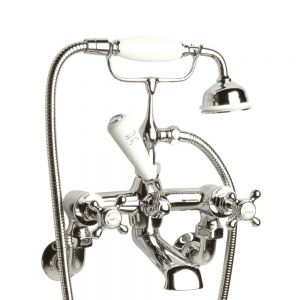 Hudson Reed Topaz Crosshead Chrome Wall Mounted Bath Shower Mixer Tap inc Hexagonal Collars and White Indices