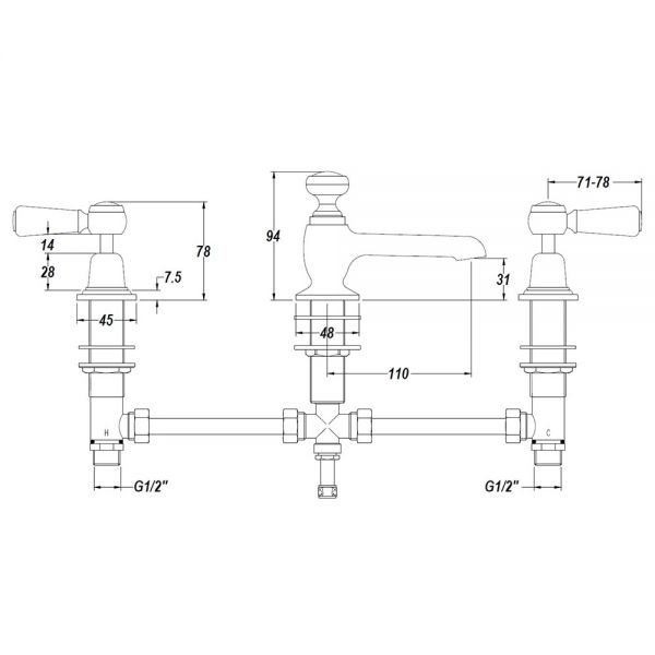 Hudson Reed Topaz Lever Chrome Deck Mounted 3 Hole Basin Mixer Tap with Pop Up Waste inc Dome Collars and Black Levers #2