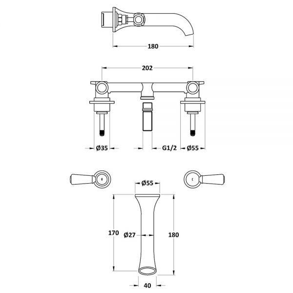 Hudson Reed Topaz Lever Chrome 3 Hole Wall Mounted Basin Mixer Tap inc Hexagonal Collars and Black Levers #2