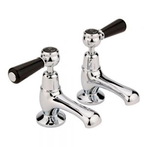 Hudson Reed Topaz Lever Chrome Basin Pillar Taps inc Dome Collars and Black Levers