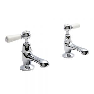 Hudson Reed Topaz Lever Chrome Basin Pillar Taps inc Dome Collars and White Levers