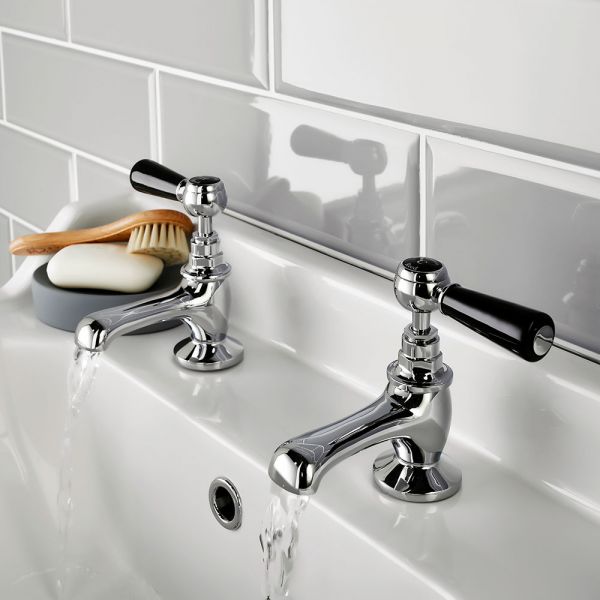 Hudson Reed Topaz Lever Chrome Basin Pillar Taps inc Hexagonal Collars and Black Levers #3