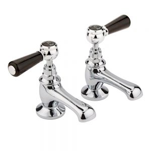 Hudson Reed Topaz Lever Chrome Basin Pillar Taps inc Hexagonal Collars and Black Levers