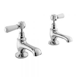 Hudson Reed Topaz Lever Chrome Basin Pillar Taps inc Hexagonal Collars and White Levers