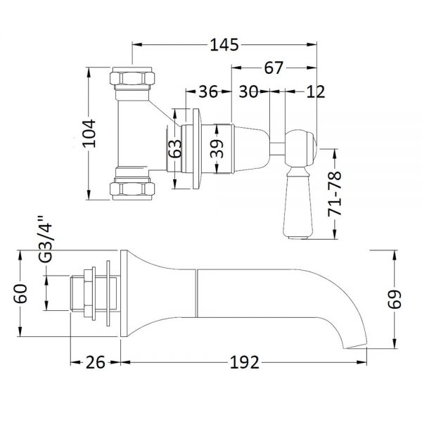 Hudson Reed Topaz Lever Chrome 3 Hole Wall Mounted Bath Filler Tap inc Dome Collars and White Levers #2
