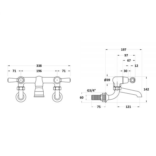 Hudson Reed Topaz Lever Chrome Wall Mounted Bath Filler Tap inc Dome Collars and Black Levers #2
