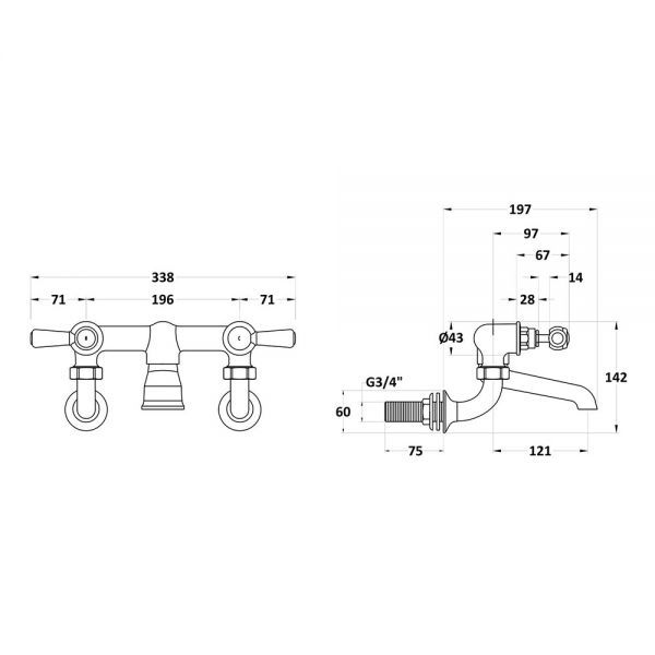 Hudson Reed Topaz Lever Chrome Wall Mounted Bath Filler Tap inc Hexagonal Collars and Black Levers #2