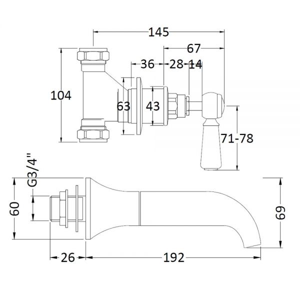 Hudson Reed Topaz Lever Chrome 3 Hole Wall Mounted Bath Filler Tap inc Hexagonal Collars and Black Levers #2