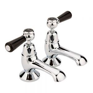 Hudson Reed Topaz Lever Chrome Bath Pillar Taps inc Dome Collars and Black Levers