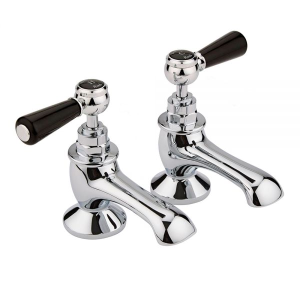 Hudson Reed Topaz Lever Chrome Bath Pillar Taps inc Hexagonal Collars and Black Levers