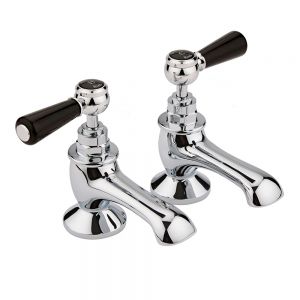 Hudson Reed Topaz Lever Chrome Bath Pillar Taps inc Hexagonal Collars and Black Levers