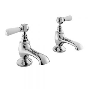 Hudson Reed Topaz Lever Chrome Bath Pillar Taps inc Hexagonal Collars and White Levers