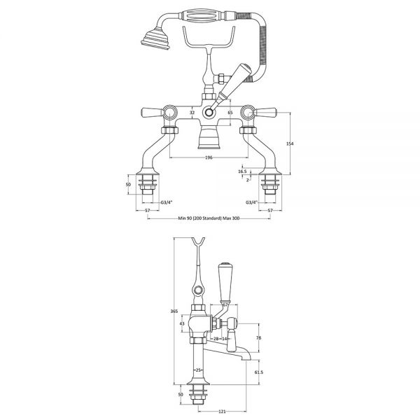 Hudson Reed Topaz Lever Chrome Bath Shower Mixer Tap inc Hexagonal Collars and Black Levers #3