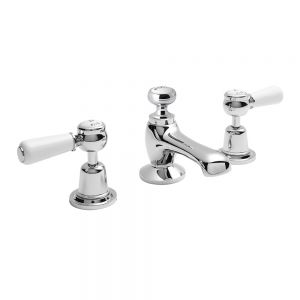 Hudson Reed Topaz Lever Chrome Deck Mounted 3 Hole Basin Mixer Tap with Pop Up Waste inc Dome Collars and White Levers