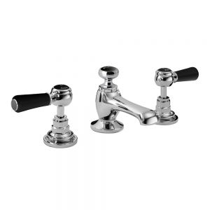 Hudson Reed Topaz Lever Chrome Deck Mounted 3 Hole Basin Mixer Tap with Pop Up Waste inc Hexagonal Collars and Black Levers